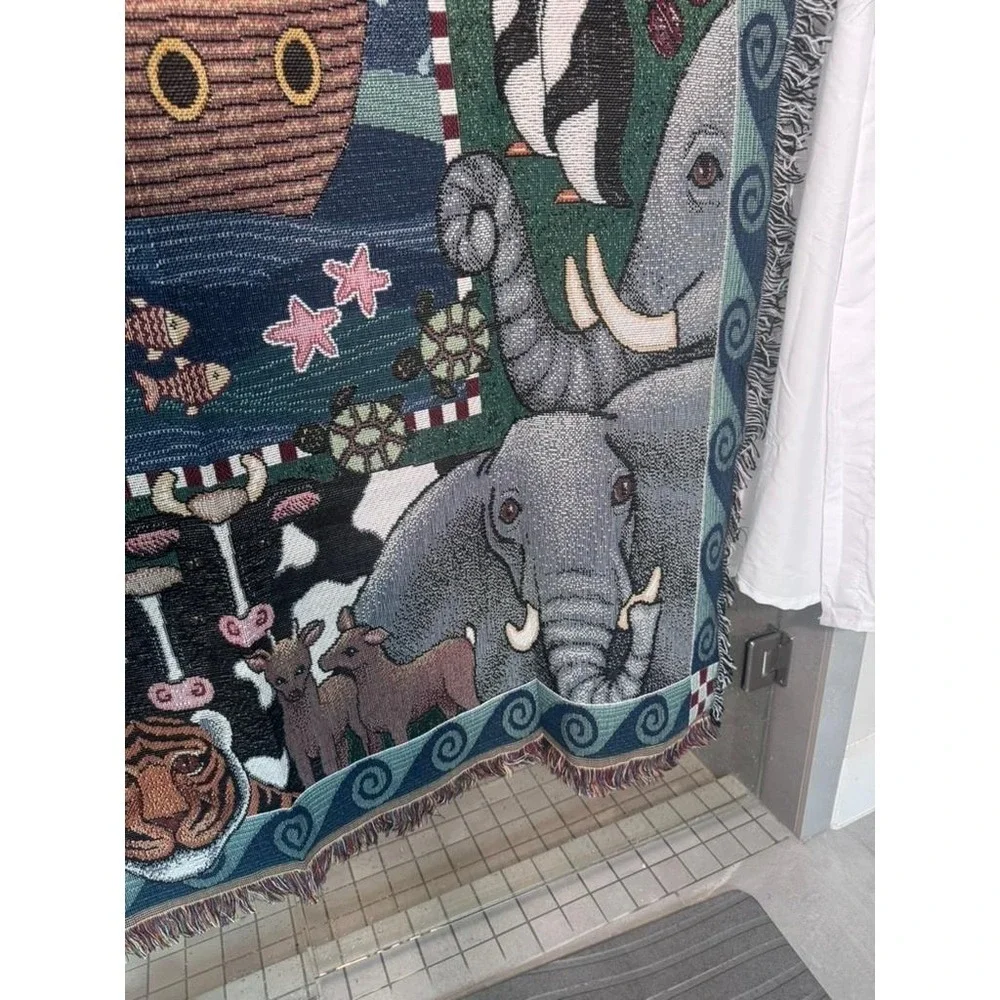 Vintage Folkart‎ American Weavers Noah's Ark Tapestry Throw Blanket Americana